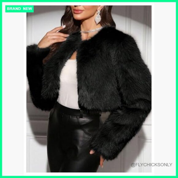 Faux Fur Cropped Jacket Open Front Long Sleeve Fuzzy Outerwear - Picture 3 of 5